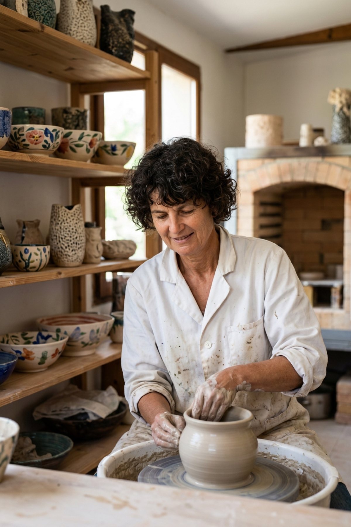 Anne Lemogne au tour, dans son atelier