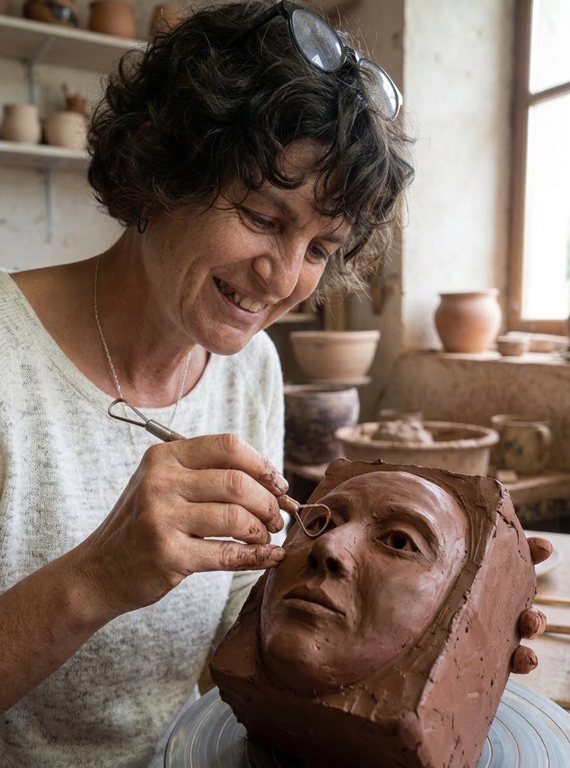 Anne sculptant un visage dans la terre