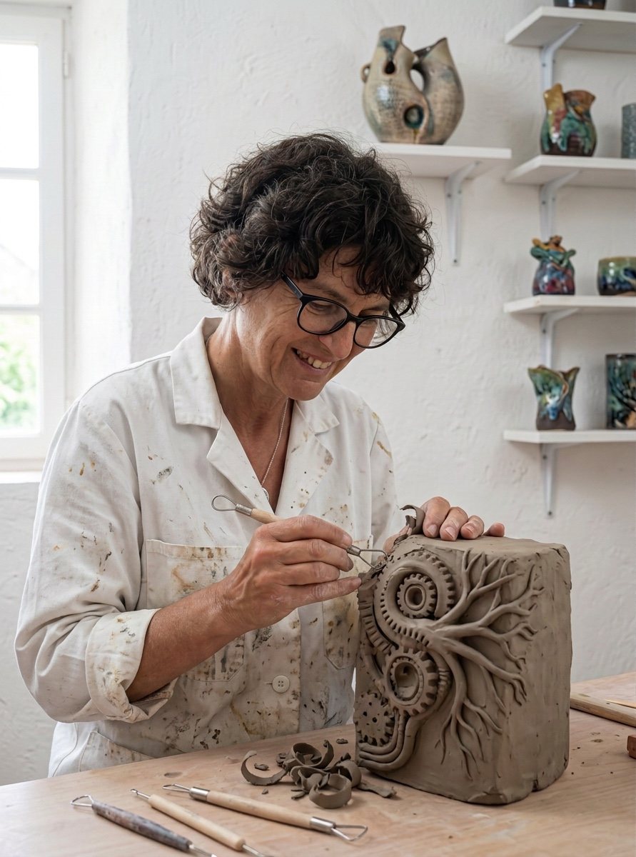 Anne Lemogne sculptant un bloc de terre à l'atelier